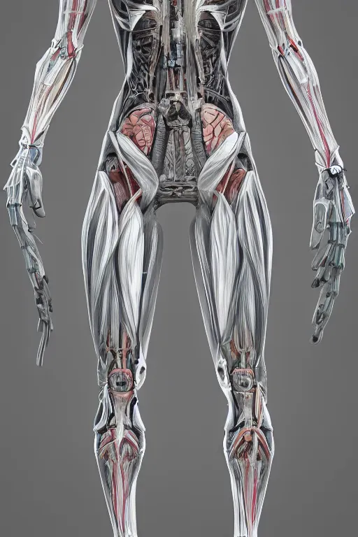 Image similar to symmetry!! full body female human anatomy concept, medical anatomy, cybernetic implants, gun metal grey, mecha limbs, muscular system reference, anatomical art, digital art, in the style of amanda lilleston, luka mivsek, bryan christie, ranjit ghosh, artstation, pinterest, deviantart, photoshop, octane render, unreal engine