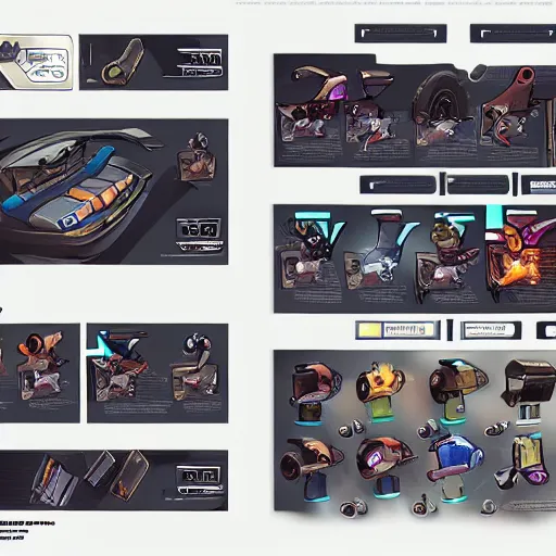 Image similar to car engine car parts concept art, cards, comic page, realistic fortnite, ui cards