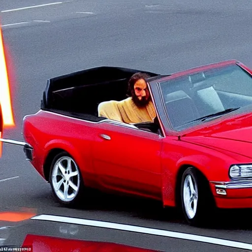 Prompt: jesus christ driving in a red convertible, passing a red light, god punishes him for it instantly with a lighning bolt