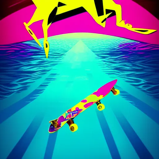 Image similar to skate in ocean. pop art, no duplicate image, glowing lights, ultra details, digital painting, artstation, concept art, smooth, sharp focus, illustration, intecrate details, art by richard hamilton and mimmo rottela, pixels art by kirokaze and paul robertson - h 7 6 8