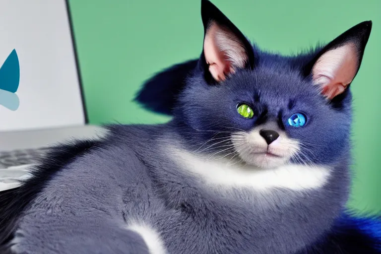 Image similar to a blue - and - black male blue / green heterochromatic catbat fursona with blue / green heterochromatic eyes ( one eye green ) and huge bat ears, photo of the catbat streaming on his computer