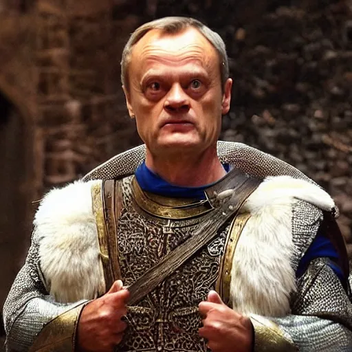 Image similar to donald tusk in medieval times look like merlin high details cinematic mood shooting lighting from wand