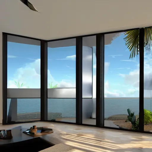 Image similar to modern interior home design, living room with window facing the sea and sun, photorealistic, ultra-detailed, HDR, high resolution