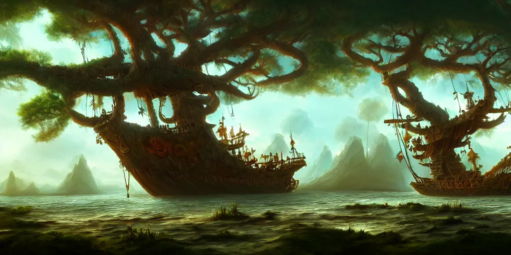 Image similar to A pirate ship stranded in the treetops of giant oaks, game art matte painting hyperdetailed, artstation, cgsociety, 8k, surreal dream landscape