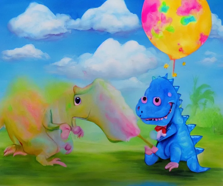 Image similar to a cute little dinosaur, water painting, cotton candy, fluffy clouds