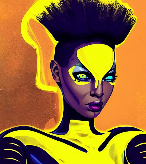 Image similar to a digital painting of a black female android with futuristic hair and yellow make-up, a comic book panel by Craig Thompson, behance contest winner, afrofuturism, marvel comics, official art, artstation hq