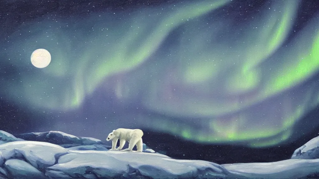 Image similar to an oil painting of a polar bear traversing a snowy landscape at night, the northern lights and the moon are visible