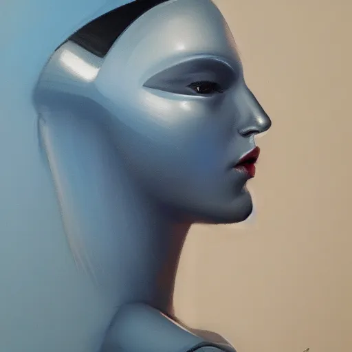 Image similar to portrait of a female android, no nose, no mouth, face completely covered in phthalo blue steel, filigree, elegant, sharp focus, graceful, master crafted, trending on artstation, award winning, beauty,