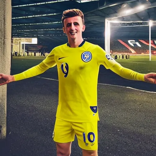 Prompt: “A realistic photo of English football player Mason Mount as a humanoid android with shiny skin and wearing his soccer uniform”