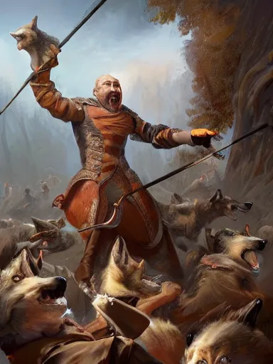 Image similar to a screaming man holding a quartestaff. surrounded by a pack of wolves. intricate, elegant, highly detailed, digital painting, artstation, concept art, sharp focus, illustration, by justin gerard and artgerm, 8 k