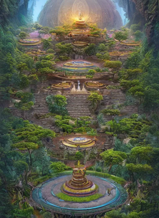 Image similar to visions of a gorgeous landscape of utopian nature surrounding shangri la with vedic architecture and precise details by alex grey, and greg rutkowski, filled with nature gods and dreamcatcher portals, hdr, 3 d, photorealism, mandelbulb 3 d, volumetric lighting, octane render.