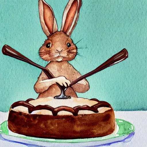 Image similar to a rabbit baking a chocolate cake, realistic watercolour