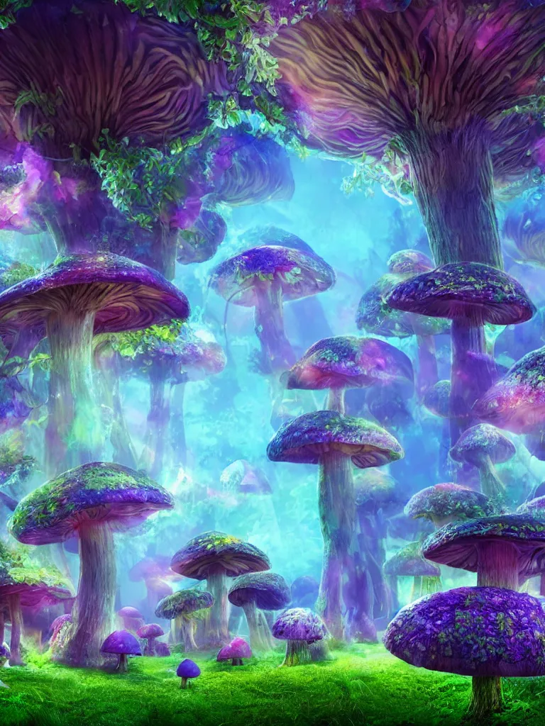 Prompt: a beautiful otherworldly fantasy landscape of giant mushroom trees forming canopies over bright colorful mythical floral plants, like alice in wonderland, rendering, cryengine, deep glowing color, blue and purple and green colors, vray render, cinema 4 d, cgsociety, bioluminescent