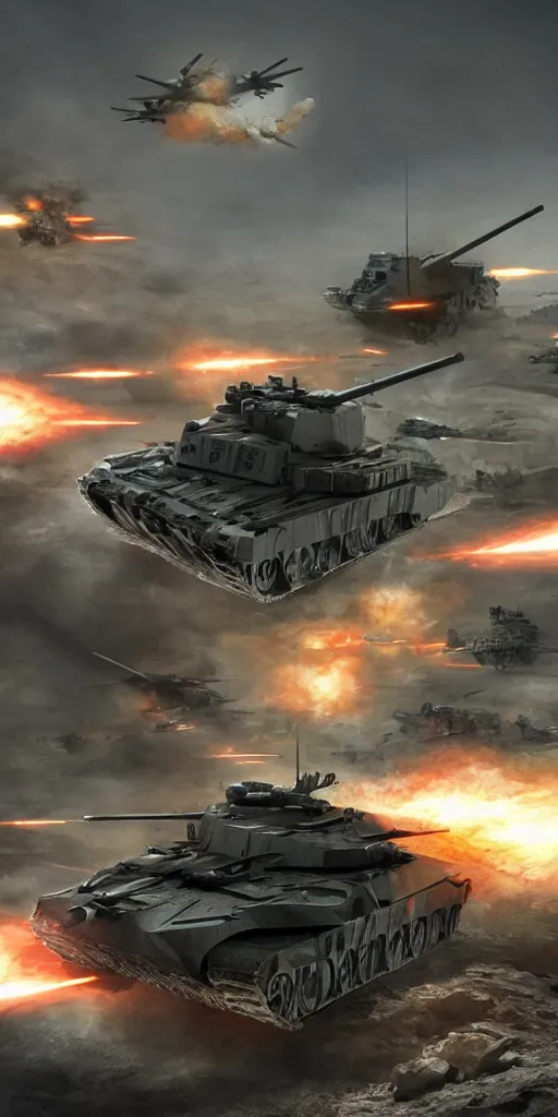 Image similar to concept art, world war iii, battlefield scenes, unmanned aerial vehicles, unmanned armored vehicles, unmanned tanks, soldiers'remote command operations, launch kinetic energy weapons, launch tracking missiles, armor piercing missiles, drag light missiles, backlight, future technology, smooth lines, high detail, 8 k, octane rendering, unreal engine.