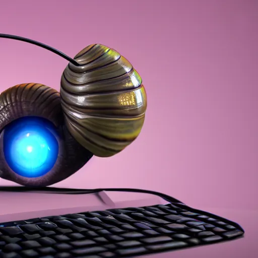 Image similar to snail with headset on its eyes behind pc, highly detailed, trending artstation,