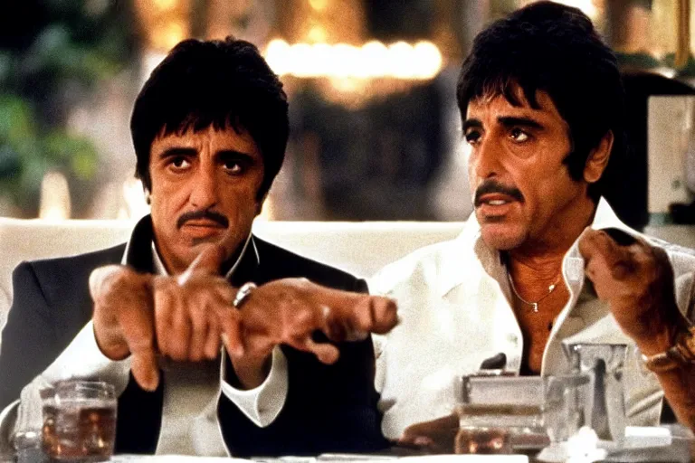 Image similar to tony montana from movie scarface 1 9 8 3 sitting behind a big black oak table with big large packages of flour. long shot. al pacino. perfect symmetric face, coherent eyes, fine details, 4 k, ron cobb. last scene from scarface movie