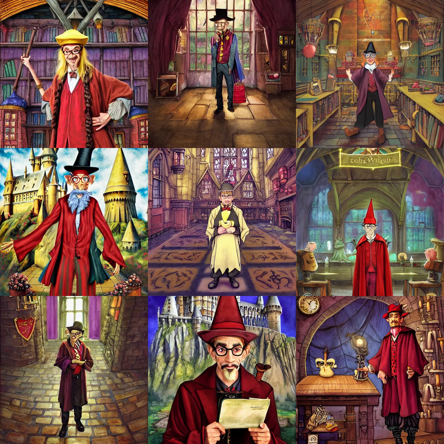 Prompt: Rincewind as a quirky, and cowardly professor in Hogwarts School of Witchcraft and Wizardry. The background is the Great Hall in Hogwarts. detailed, hyperrealistic, colorful, cinematic lighting, photorealistic, digital art by Paul Kidby, Kate Oleska and Jim Kay