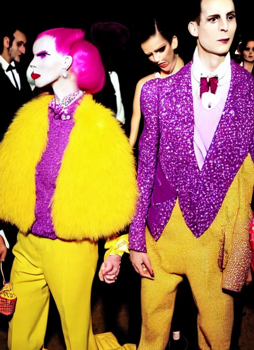 Image similar to full face and glamorous dressed female and male pair in Bespoke couture outfits made of yellows, pinks, purple and gold by Vivian Westwood and Marc Jacobs as seen in the movie the Royal Tenenbaums + vintage Chanel in a futuristic vibe
