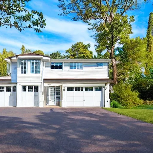 Prompt: a beautiful suburban home with a garage and a car, bright blue sky.