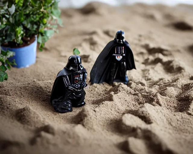 Image similar to 8 5 mm food photography of darth vader playing with toys near a garden with sand with dof and bokeh and flowers o