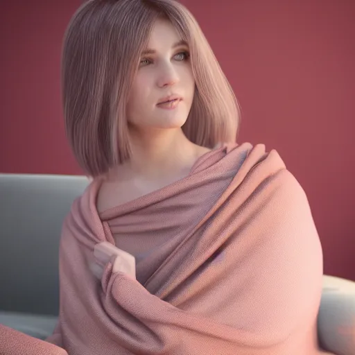 Image similar to 3 d render of a cute thin young woman, red blush, wearing casual clothes, small smile, relaxing on a couch, cuddling up under a blanket, cozy living room, medium shot, 8 k, octane render, trending on artstation, art by artgerm, unreal engine 5, hyperrealism, hyperdetailed, ultra realistic