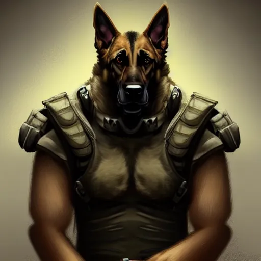 Image similar to a wounded humanoid german shepherd beast - man in military style, sitting on the bed, highly detailed portrait, digital painting, artstation, concept art, smooth, sharp foccus ilustration, artstation