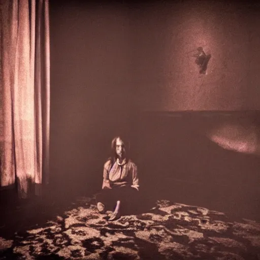 Image similar to creepy witch sitting in dark living room, horror movie still, realistic, found footage, atmospheric, evil, nightmare, film grain