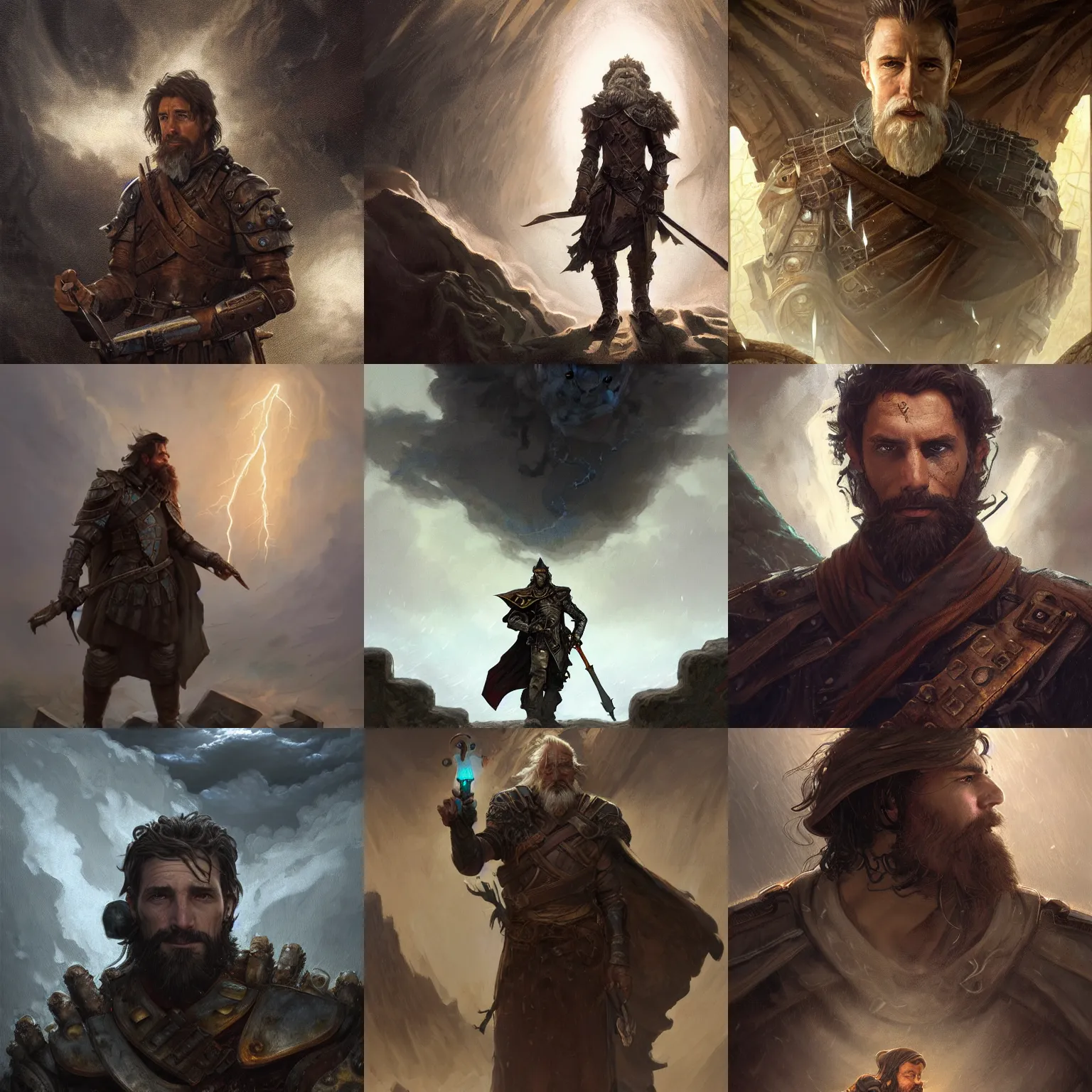 Prompt: portrait of a ruggedly handsome wizard soldier with short brown hair and stubble wearing leather armor summoning a storm cloud inside an ancient tomb, half body, fantasy, highly detailed, digital painting, artstation, concept art, character art, art by greg rutkowski and tyler jacobson and alphonse mucha