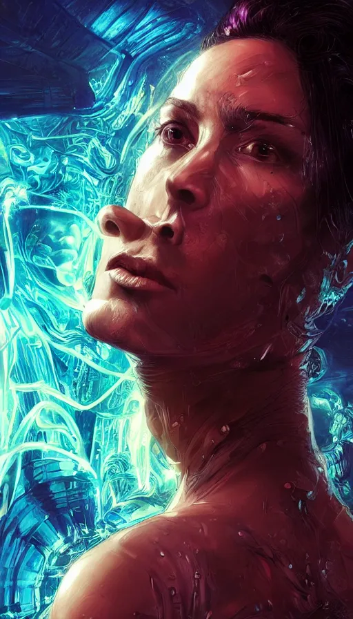 Image similar to daniel bernhardt, altered carbon, neon, dreamy vibe, fibonacci, sweat drops, insane intricate, highly detailed, cinematic, atmospheric. digital painting, artstation, concept art, smooth, sharp focus, illustration, unreal engine 5, 8 k, art by artgerm and greg rutkowski and alphonse mucha, laura sava, laura palmer