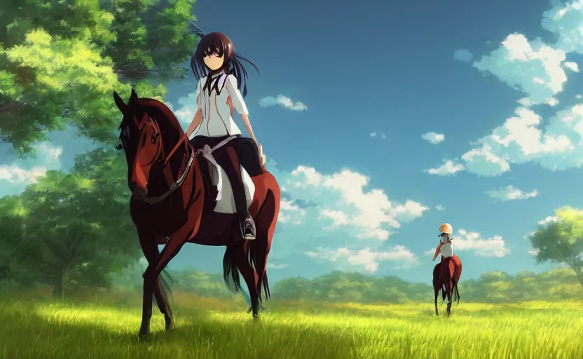 An anime girl is riding a green horse in a beautiful field with a blue sky,  generative ai Stock Illustration | Adobe Stock