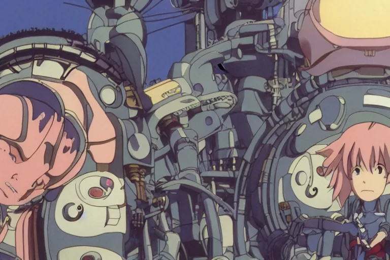 Prompt: still from anime sci-fi movie by Studio Ghibli, illustrations by Hayao Miyazaki, by Masamune Shirow