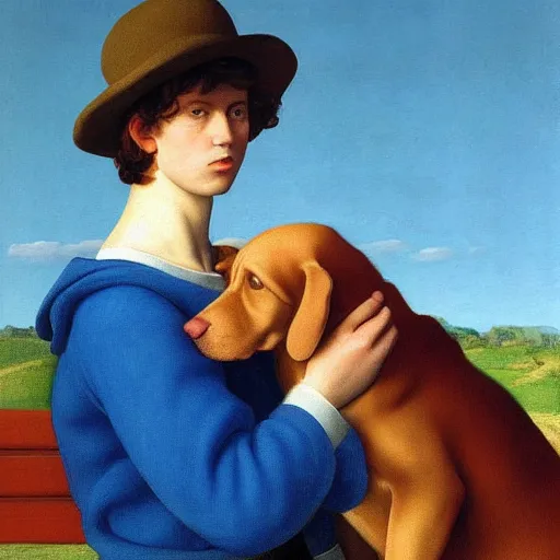 Image similar to a boy and his dog by Raphael, Hopper, and Rene Magritte. detailed, romantic, enchanting, trending on artstation.