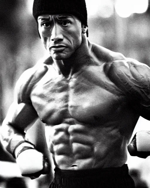 Image similar to Film still close-up shot of Dwayne Johnson as Rocky Balboa from the movie Rocky. Photographic, photography