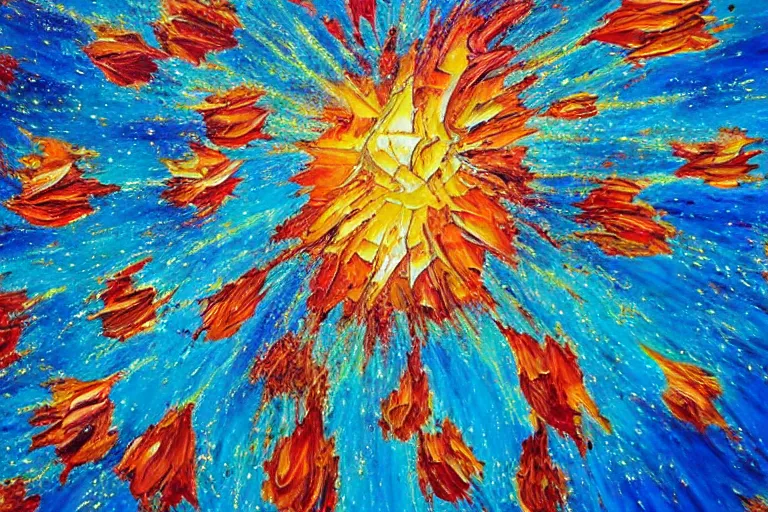 Image similar to oil painting, close-up of giant flower explosion, clean blue sky, in style of 80s sci-fi book art