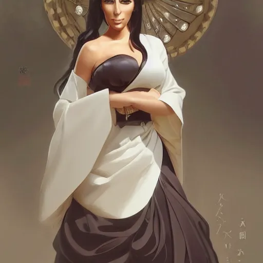 Prompt: kim kardashian in メイト 服 japanese maid uniform, intricate, elegant, highly detailed, digital painting, artstation, pixiv, concept art, smooth, sharp focus, illustration, art by artgerm and greg rutkowski and alphonse mucha