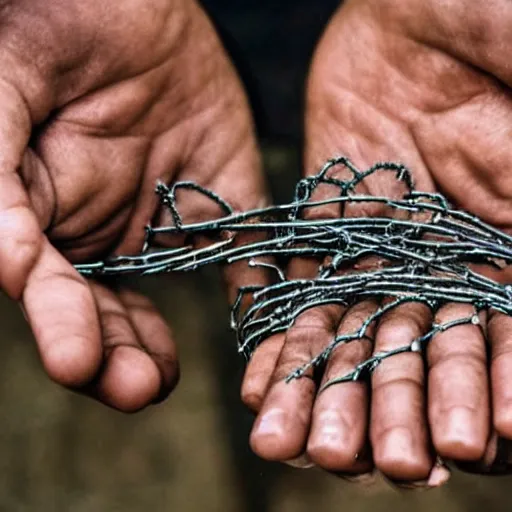 Image similar to a man whose hand is made out of barbed wire