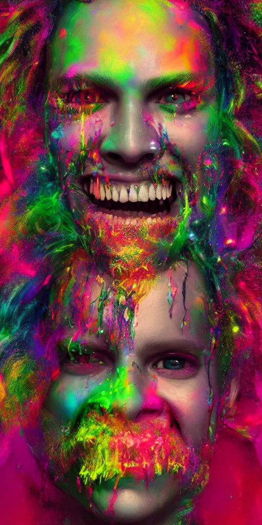 Prompt: impossibly beautiful portrait, dapper dream demon, bad trip, insane smile, intricate complexity, surreal horror, inverted neon rainbow drip paint, trending on art station, photoreal, 8 k, octane render by greg rutkowski