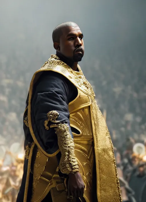 Image similar to kanye west as emperor napoleon in warcraft, splash art, movie still, cinematic lighting, dramatic, octane render, long lens, shallow depth of field, bokeh, anamorphic lens flare, 8 k, hyper detailed, 3 5 mm film grain