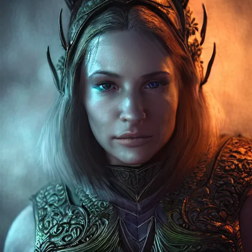 Image similar to unknown elder scrolls vi female character portrait, partially clothed in highly detailed elven armour, atmospheric lighting, painted, intricate, highgate cemetery, mist, cold, volumetric lighting, beautiful, blue moon light, sharp focus, ultra detailed, by leesha hannigan, ross tran, thierry doizon, kai carpenter, ignacio fernandez rios