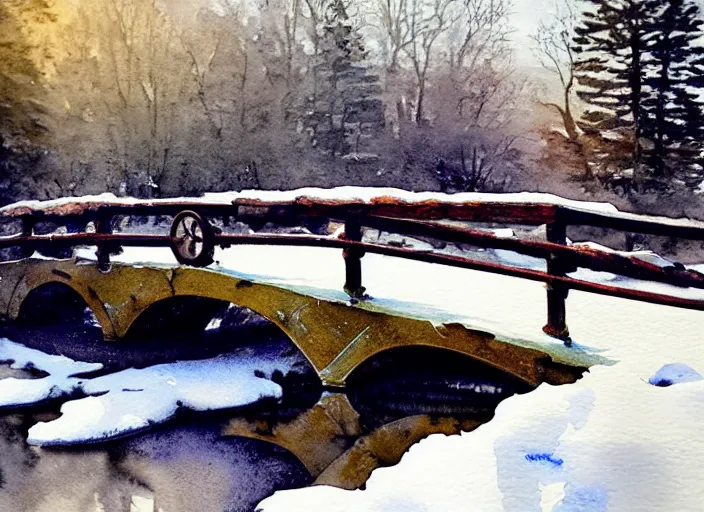 Prompt: watercolor of vintage tractor on rustic stone bridge in winter landscape, glistering, high detailed art by dennis miller bunker, work by anders zorn, wonderful masterpiece by greg rutkowski, beautiful cinematic light, american romanticism by greg manchess, creation by tyler edlin