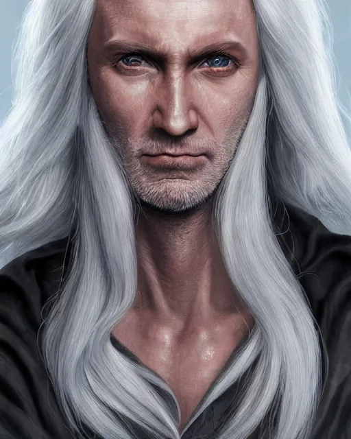 Image similar to portrait of 4 0 - year - old man with long white hair with a pale complexion, malfoy lucius, clear face, pointed face and grey eyes, hyper realistic face, beautiful eyes, character art, art by mark brooks, hyperdetailed, cryengine, trending on artstation, digital art