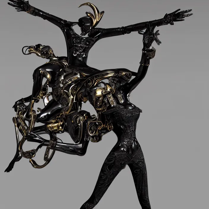 Image similar to fine art statue of masculine black egyptian god on a surrealist motorcycle, ebony art deco, carved black marble, inlaid with ebony and gold accents, ebony rococo, wings black lace wear, sculpted by spider zero, zaha hadid, beautifully lit, hyper detailed, intricate, elite, ornate, photorealistic, micro details, 3 d sculpture, ray trace