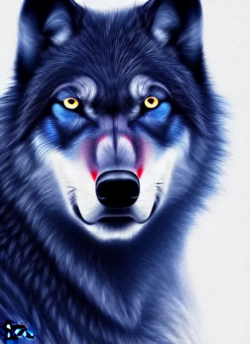 Prompt: dark blue wolf, red eyes highly detailed, deep focus, elegant, digital painting, smooth, sharp focus, illustration, ultra realistic, 8 k, art by wlop