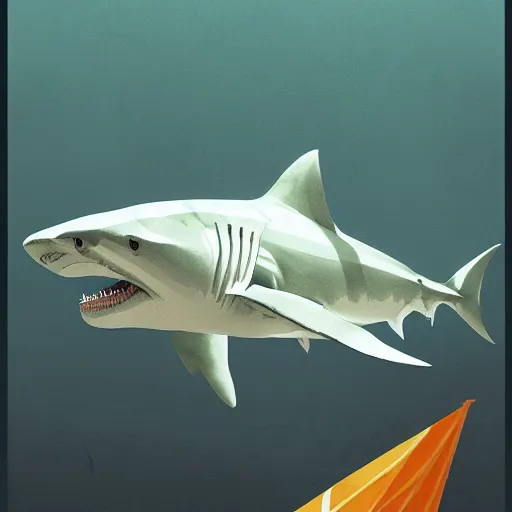 Image similar to great white shark, traffic cones as fins, underwater background detailed atmospheric - ron cheng & alphonse mucha, highly detailed, digital painting, ray tracing, concept art, illustration, smooth sharp focus, intricate, symmetry, artstation,