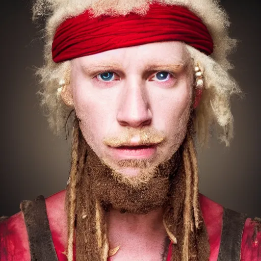 Prompt: photo portrait of an rugged albino african pirate with a brown vest and red headband | brown vest | young adult, thin blonde mustache, afro blonde hair, stern face, rugged and dirty, cinematic lighting at sundawn, movie color grading