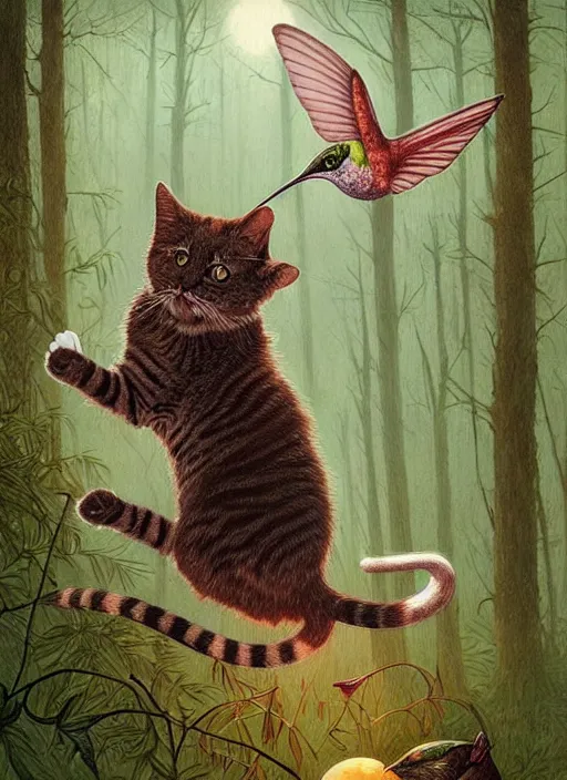 Image similar to a hyper realistic illustrated cat with playing with a hummingbird on its paw in the woods gorgeous lighting, k _ lms lush forest foliage painting by chiara bautista and beksinski and norman rockwell and greg rutkowski weta studio, and lucasfilm