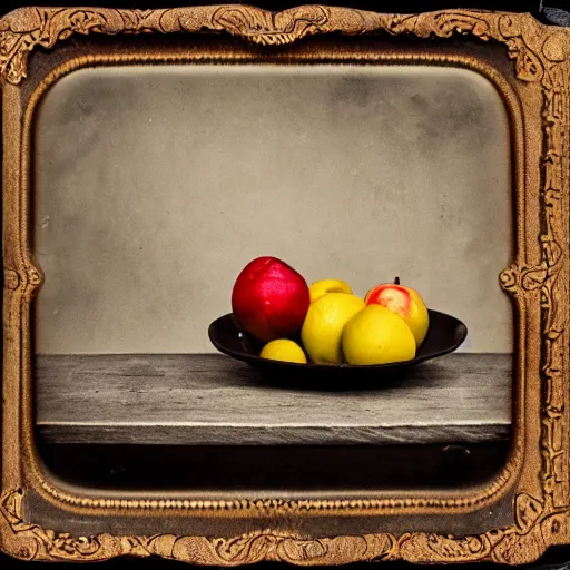 Image similar to still life with a bowl of fruit, wet plate photography, collodion, daugerrotype