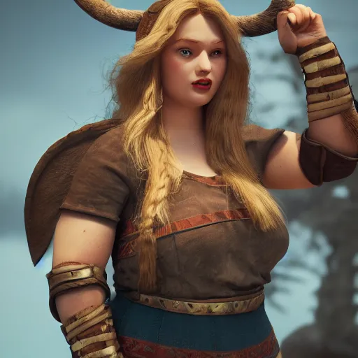 Image similar to a handsome corpulent viking girl with blond hair, clash royal style characters, unreal engine 5, octane render, detailed, cinematografic, cinema 4 d