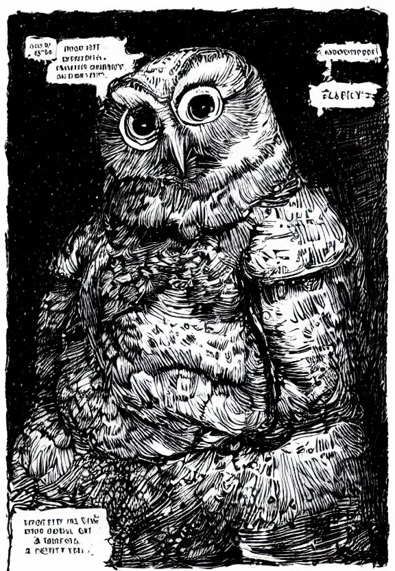 Prompt: graphic novel about grumpy owl mercenary, by rembrandt