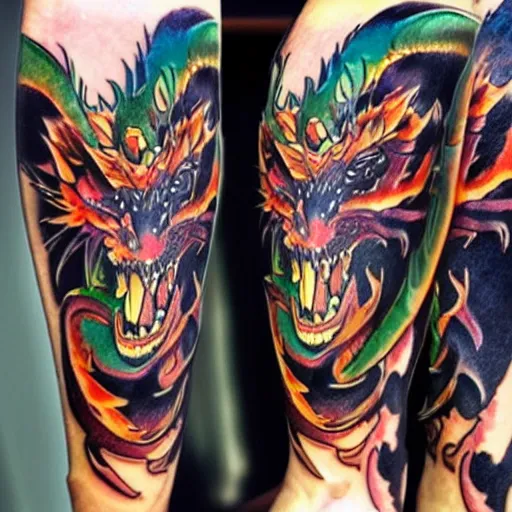 Prompt: anime manga full color dragon!! Emerald and obsidian dragon, forearm tattoo, tattoo